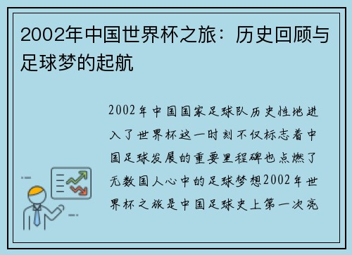 2002年中国世界杯之旅：历史回顾与足球梦的起航
